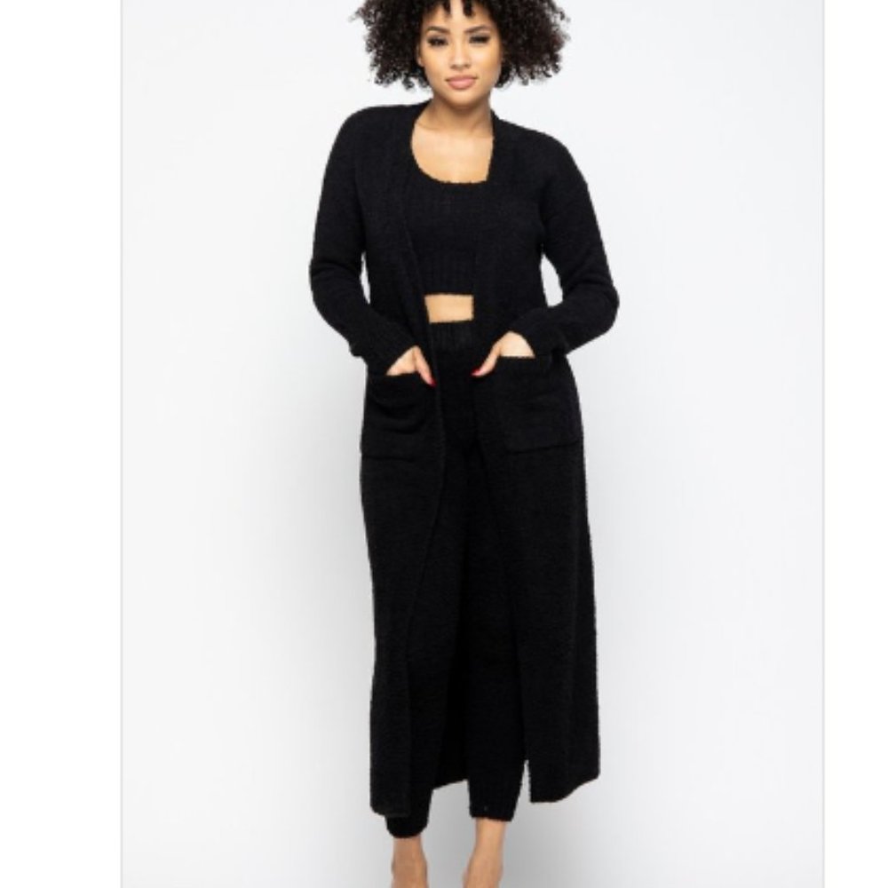 Teddy Bear 3PC set Long Sleeve Cardigan Duster cropped top leggings Medium Black